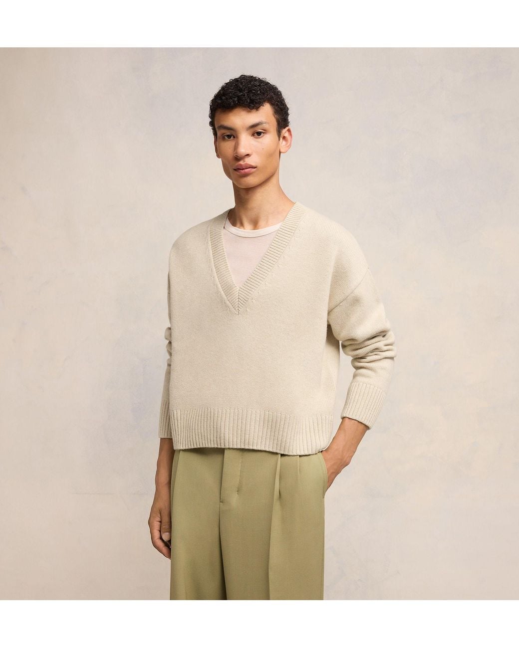 AMI Natural Cropped Wool-Cashmere Blend Jumper for men