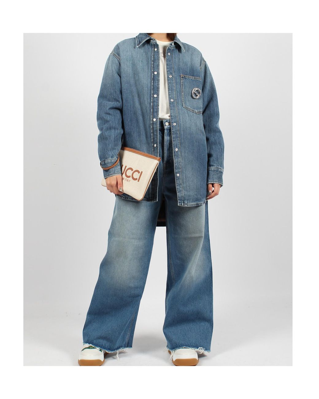 Gucci Blue Logo Plaque Collared Long-Sleeve Shirt