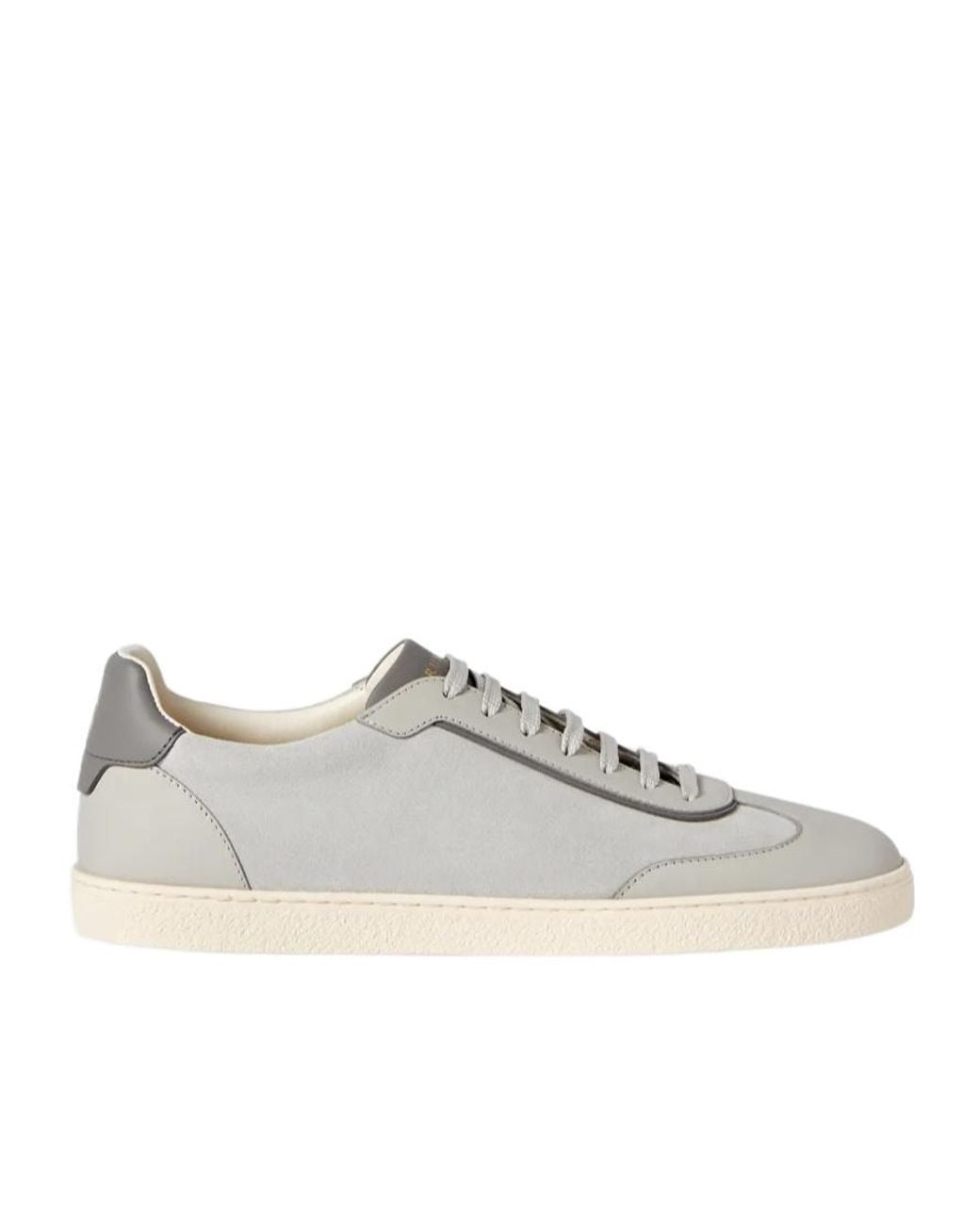 Brunello Cucinelli White Suede And Polished Calfskin Sneakers for men
