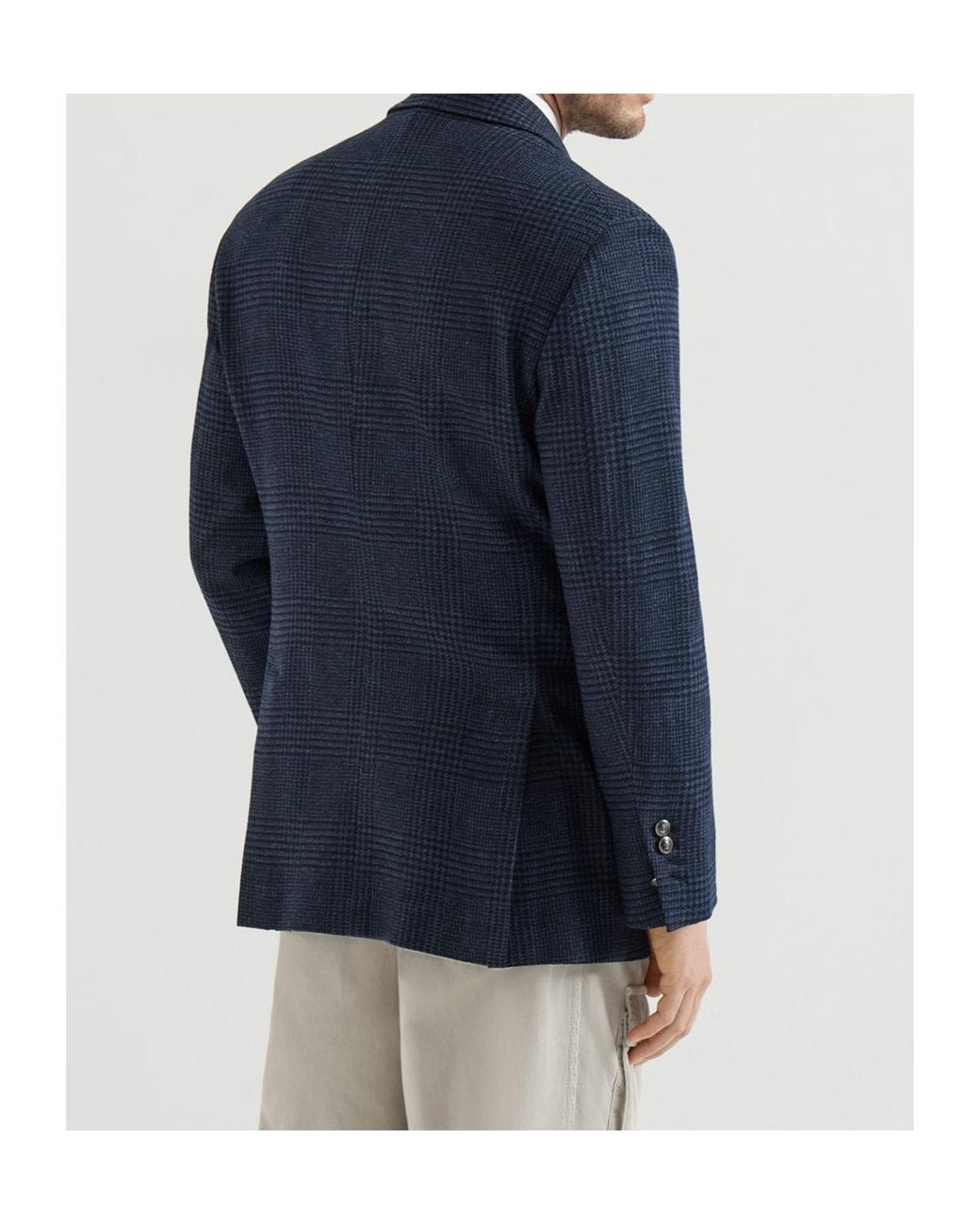 Brunello Cucinelli Blue Comfort Wool And Cashmere Prince Of Wales Flannel One-And-A-Half Breasted Tailor Blazer With Metal Buttons for men