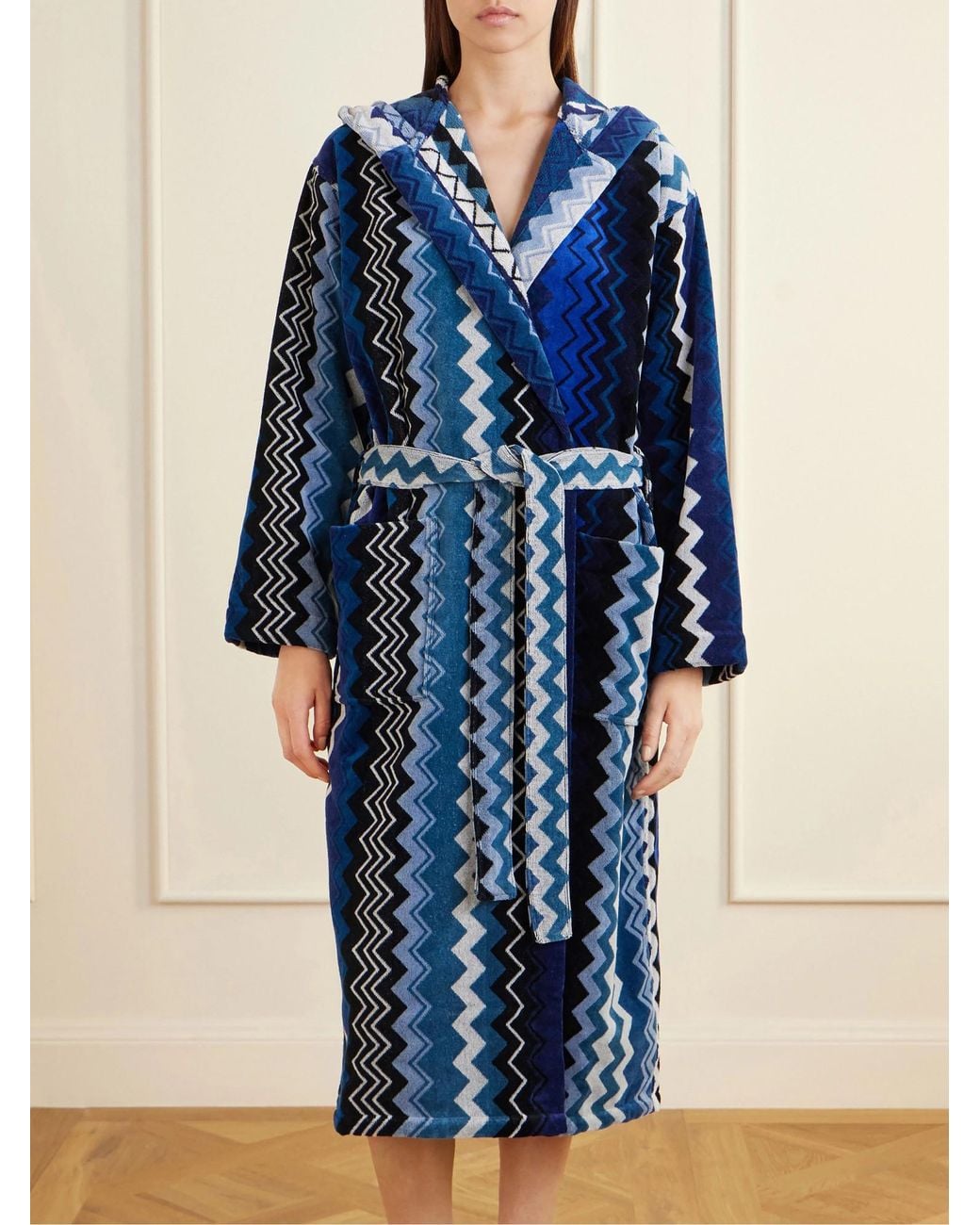 Missoni Blue Striped Hooded Belted Cotton-Terry Robe
