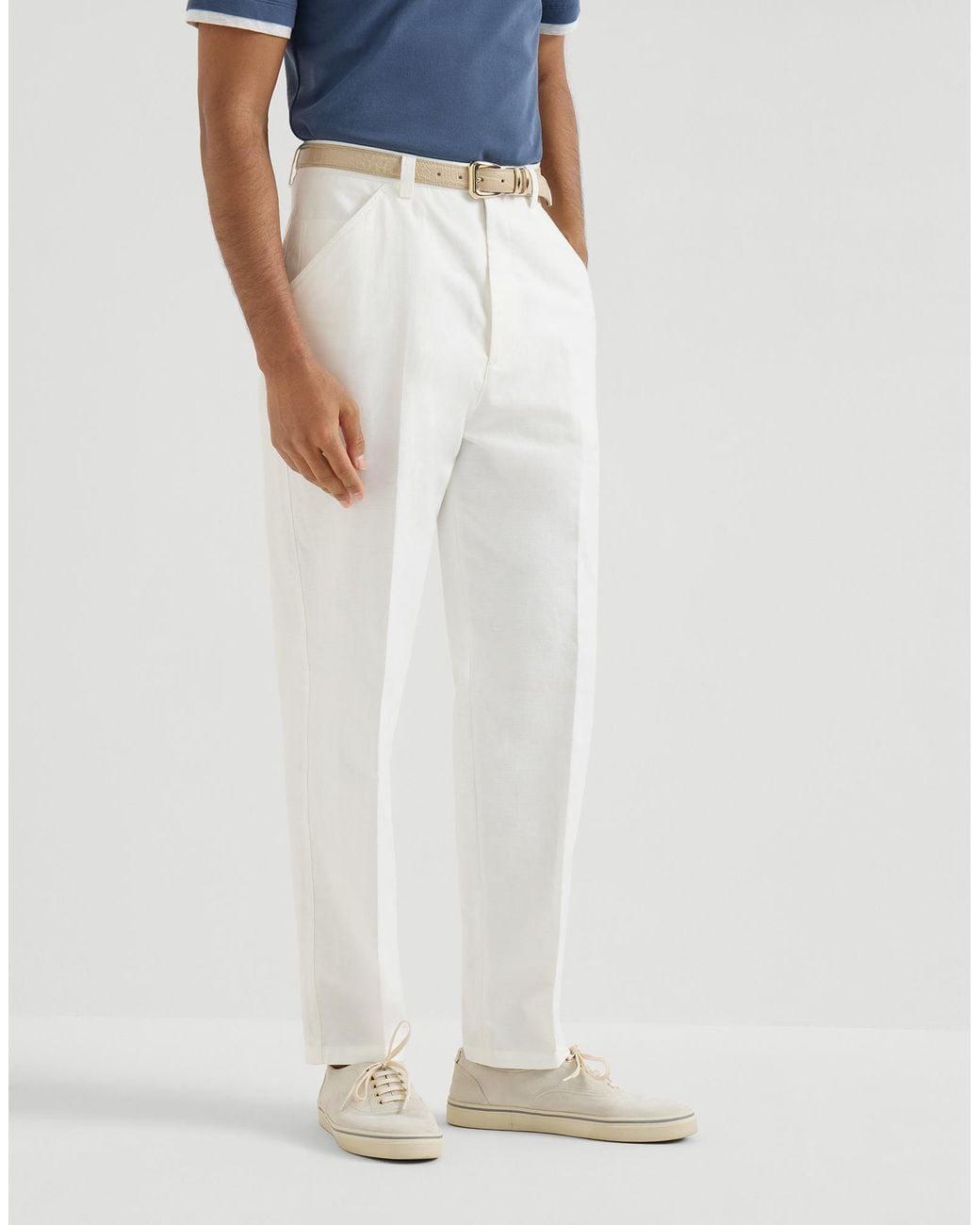 Brunello Cucinelli White Cotton And Linen Panama Trousers for men