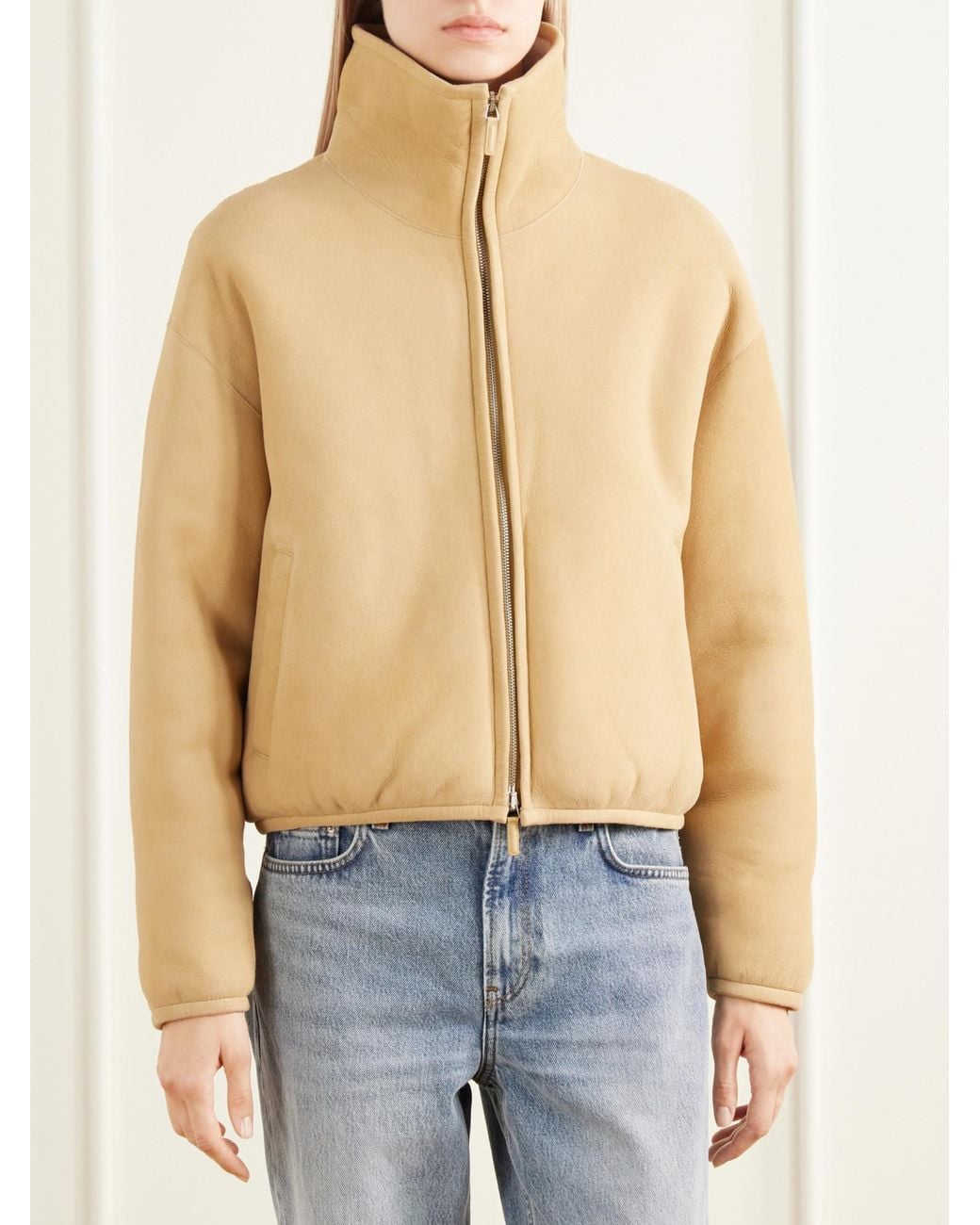 James Perse Natural Cropped Shearling-Trimmed Suede Jacket