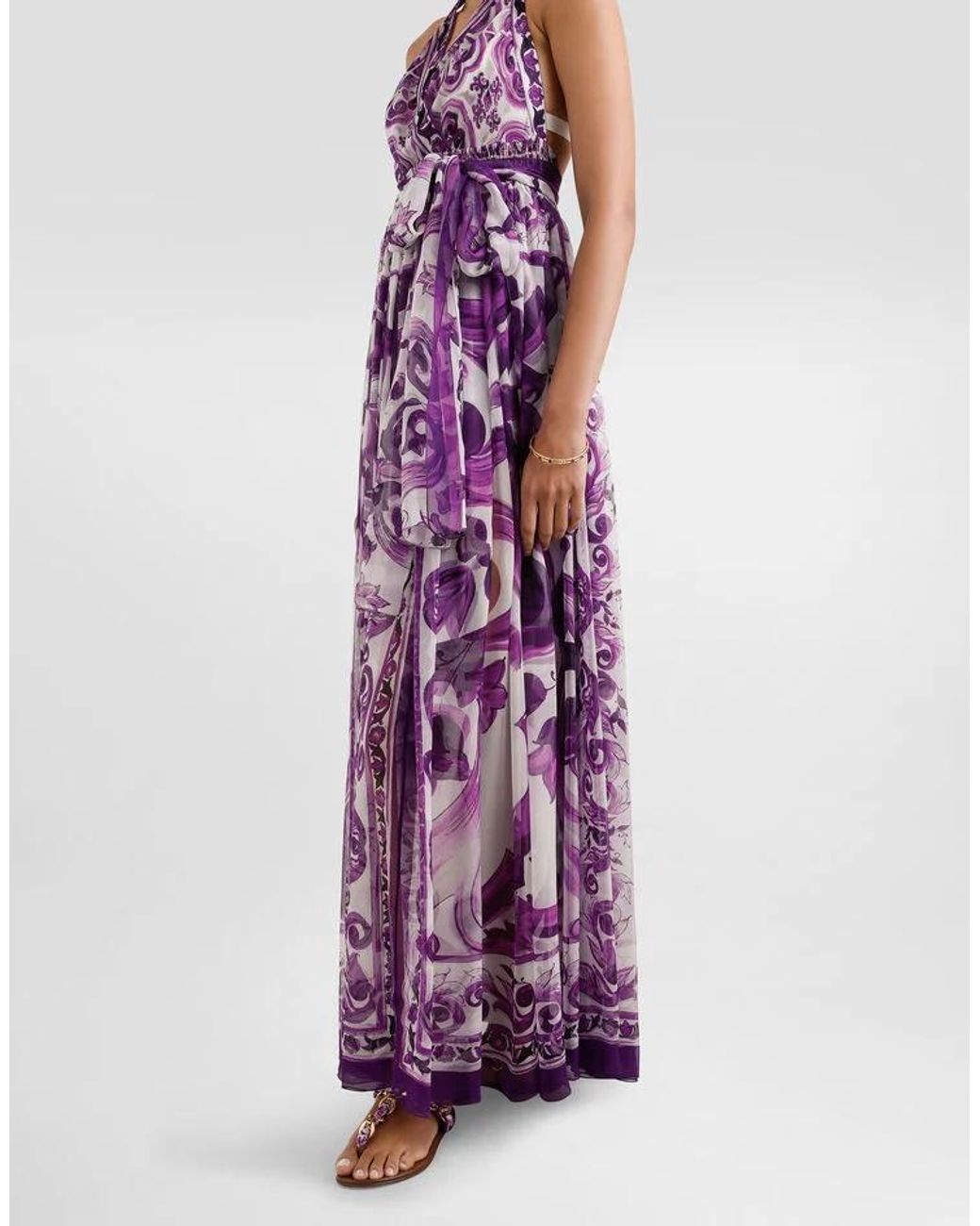 Dolce & Gabbana Purple Majolica Printed Long Chiffon Dress