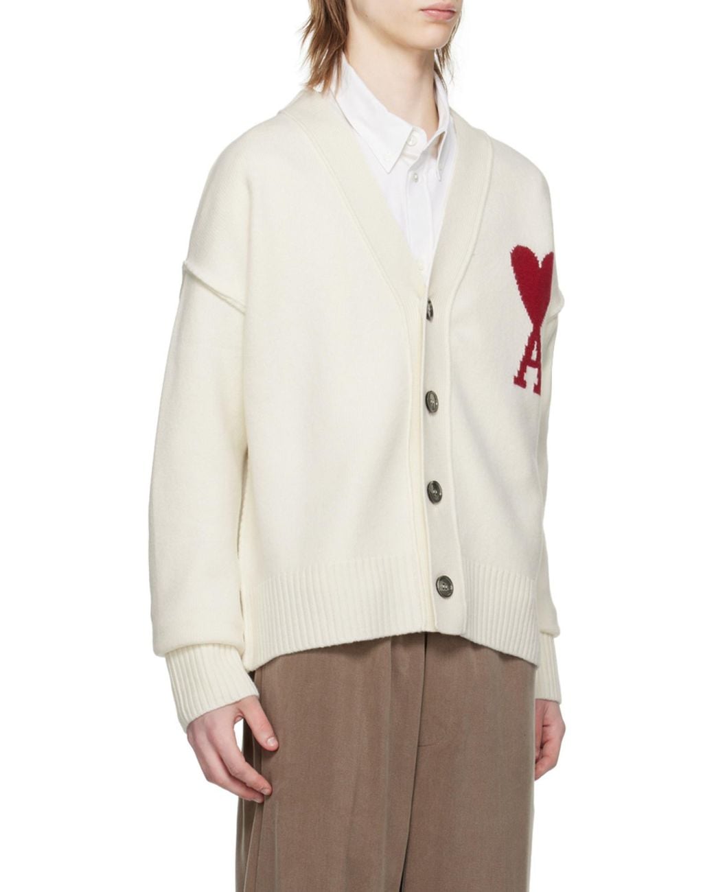 AMI White Ami De Coeur Logo Detailed V-Neck Cardigan for men