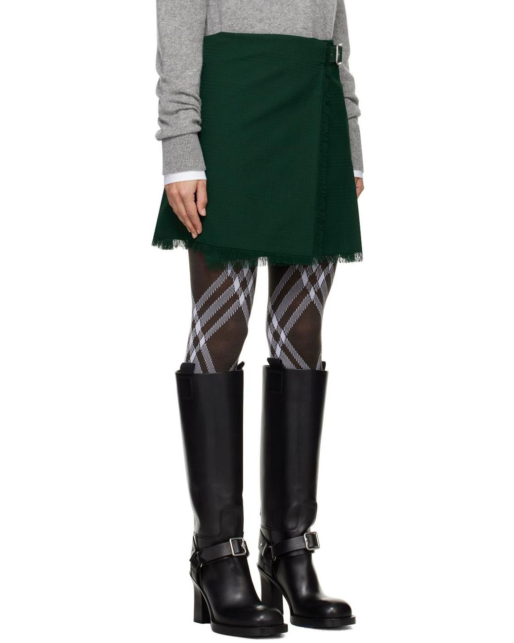 Burberry Green Pleated Frayed-Edge Mini Skirt
