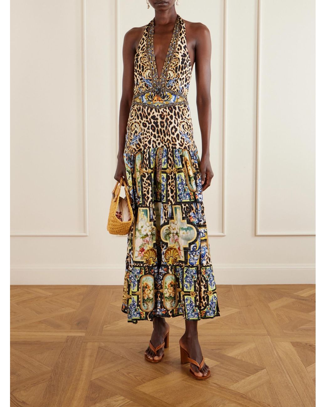 Camilla Metallic Tiered Crystal-Embellished Printed Jersey Maxi Dress