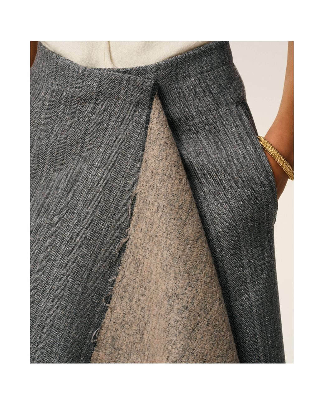 AMI Gray Wool Herringbone Wrap Midi Skirt