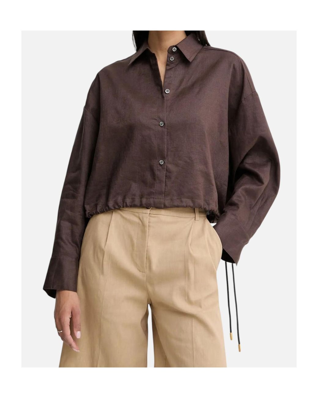 Pinko Brown Drawstring-Hem Cropped Linen Shirt