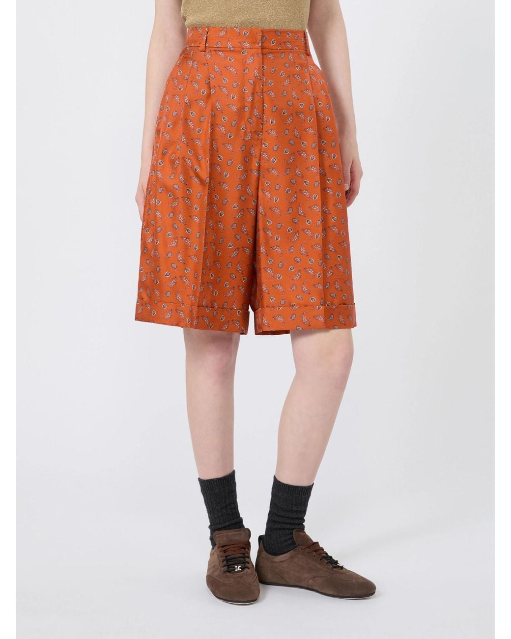 Max Mara Orange Printed Silk Twill Bermuda Shorts