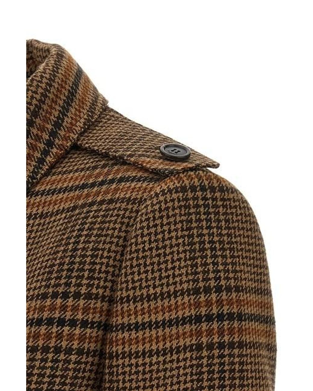 Saint Laurent Natural Prince Of Wales Belted Long Coat