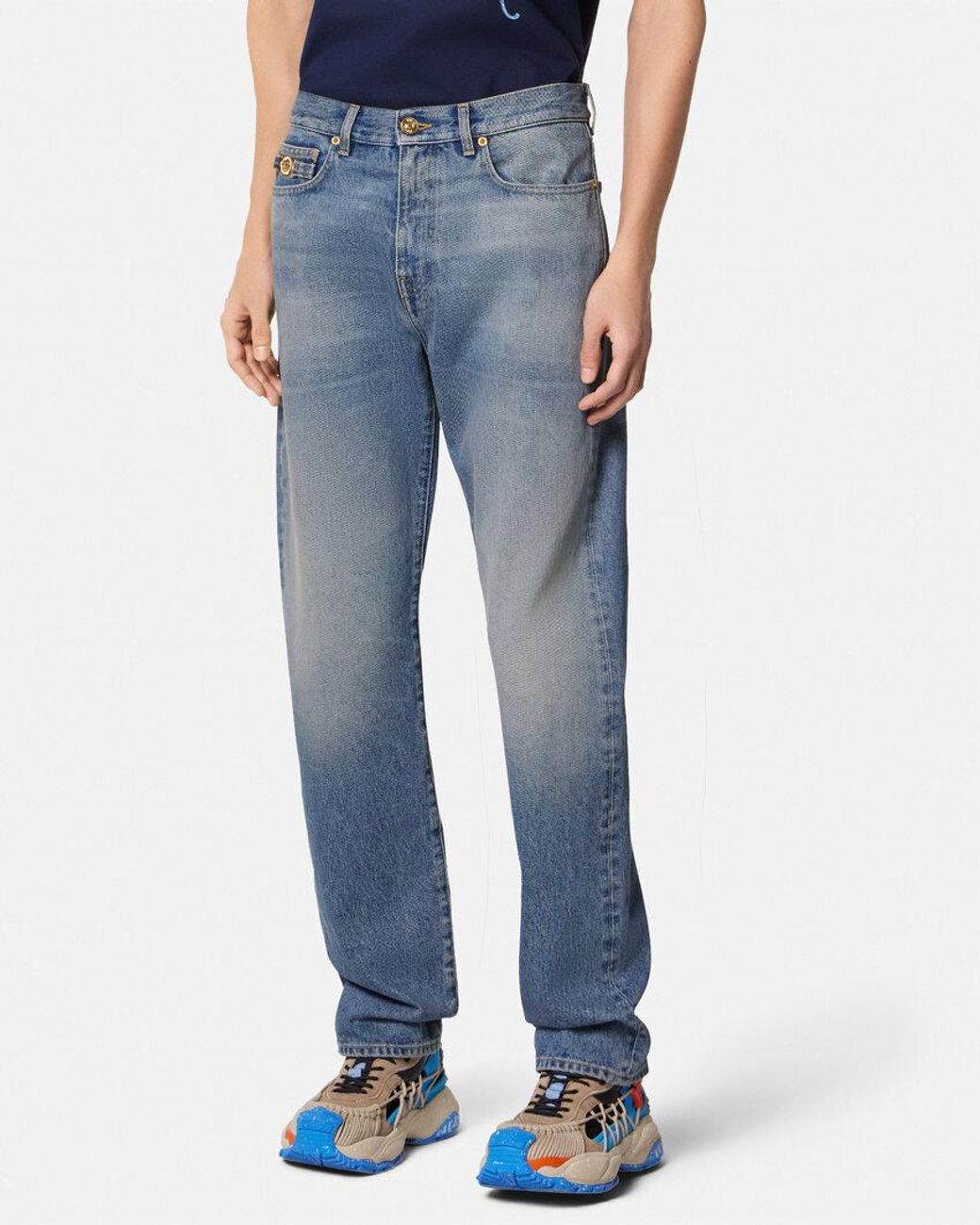Versace Blue Logo Patch Straight-Leg Jeans for men
