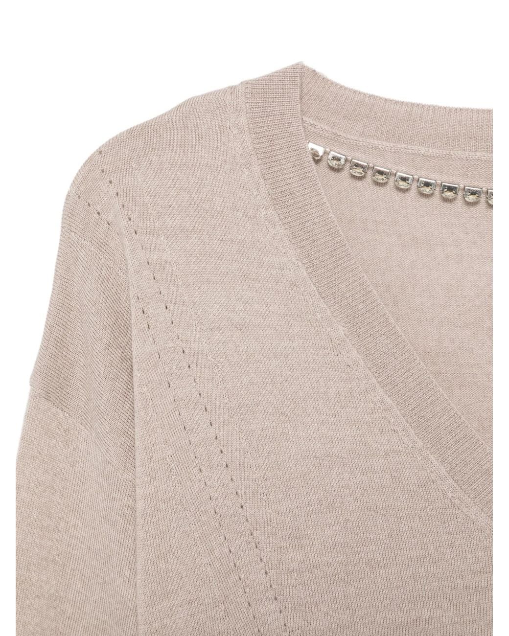 Liu Jo Natural Crystal-Embellished V-Neck Sweater