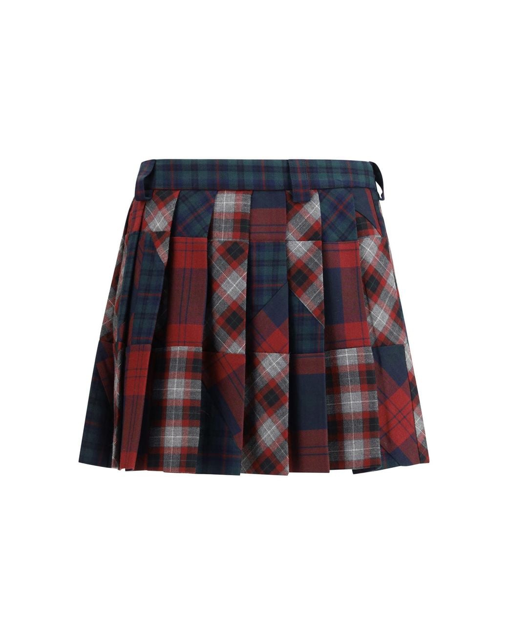 Miu Miu Red Pleated Plaid Patchwork Miniskirt