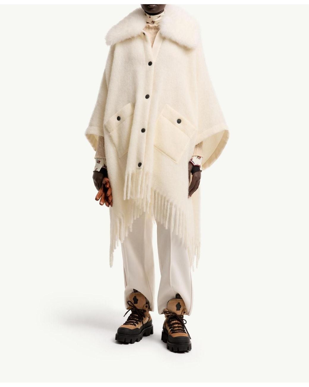 Moncler Natural Shearling Collar Mohair, Alpaca Wool Blend Cape