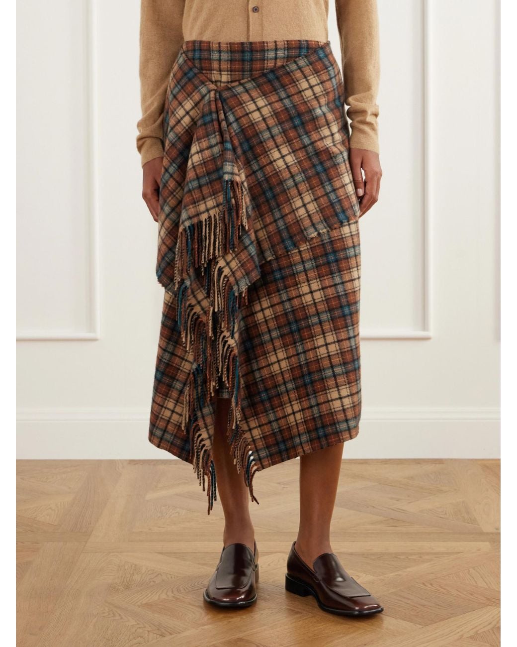 Auralee Brown Asymmetric Fringed Checked Cashmere Wrap Midi Skirt
