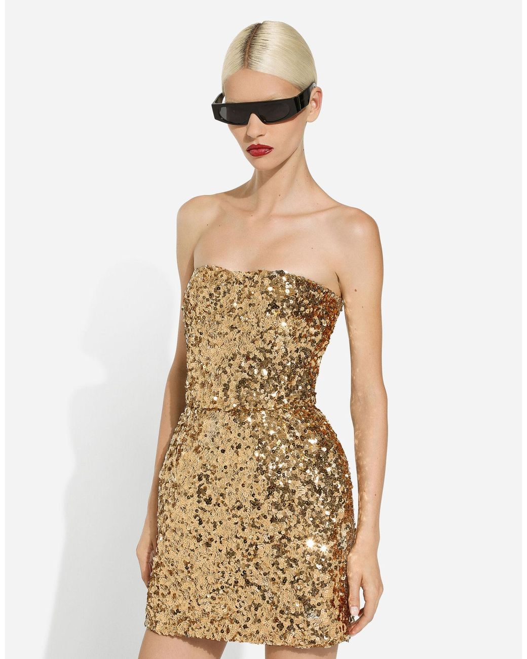 Dolce & Gabbana Natural Short Sequined Strapless Dress