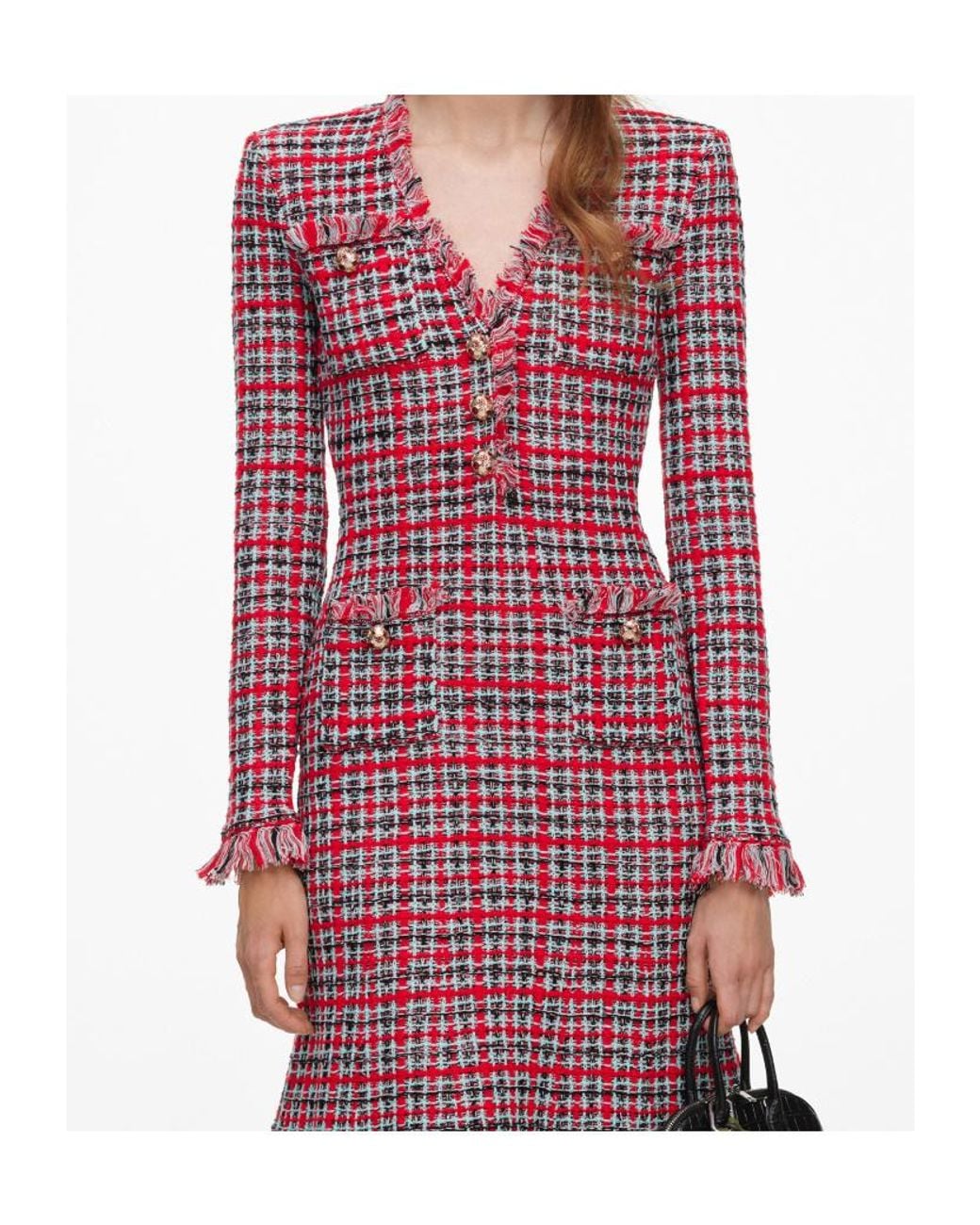 Self-Portrait Red Check Frayed Knit Midi Dress