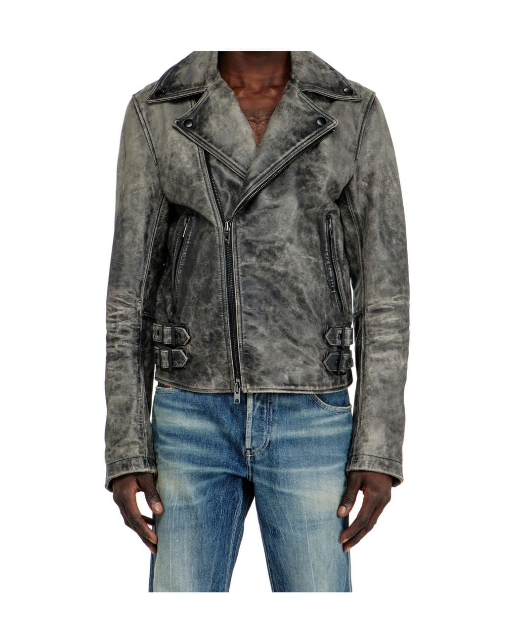 DIESEL Gray Apos;S Treated Leather Biker Jacket for men