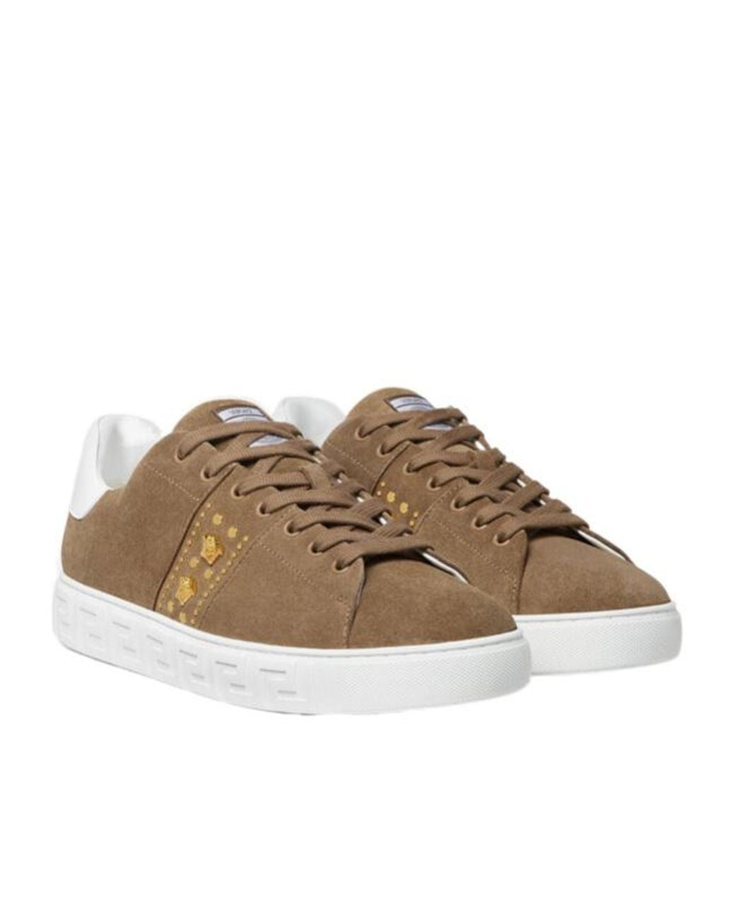Versace Brown Greca Embellished Lace-Up Sneakers for men