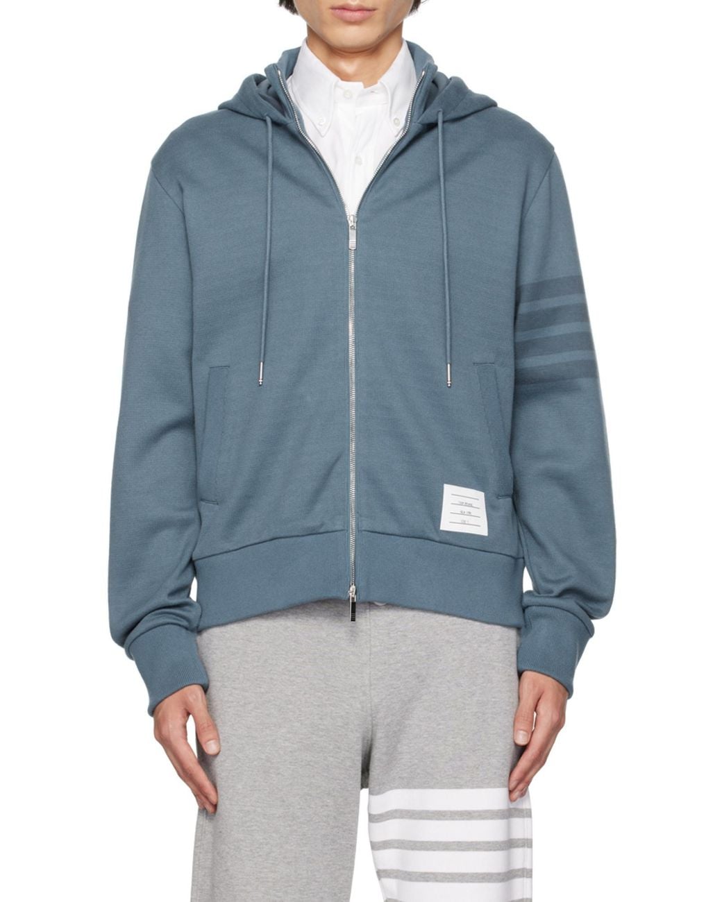 Thom Browne Blue Cotton Funnel Neck Hoodie for men