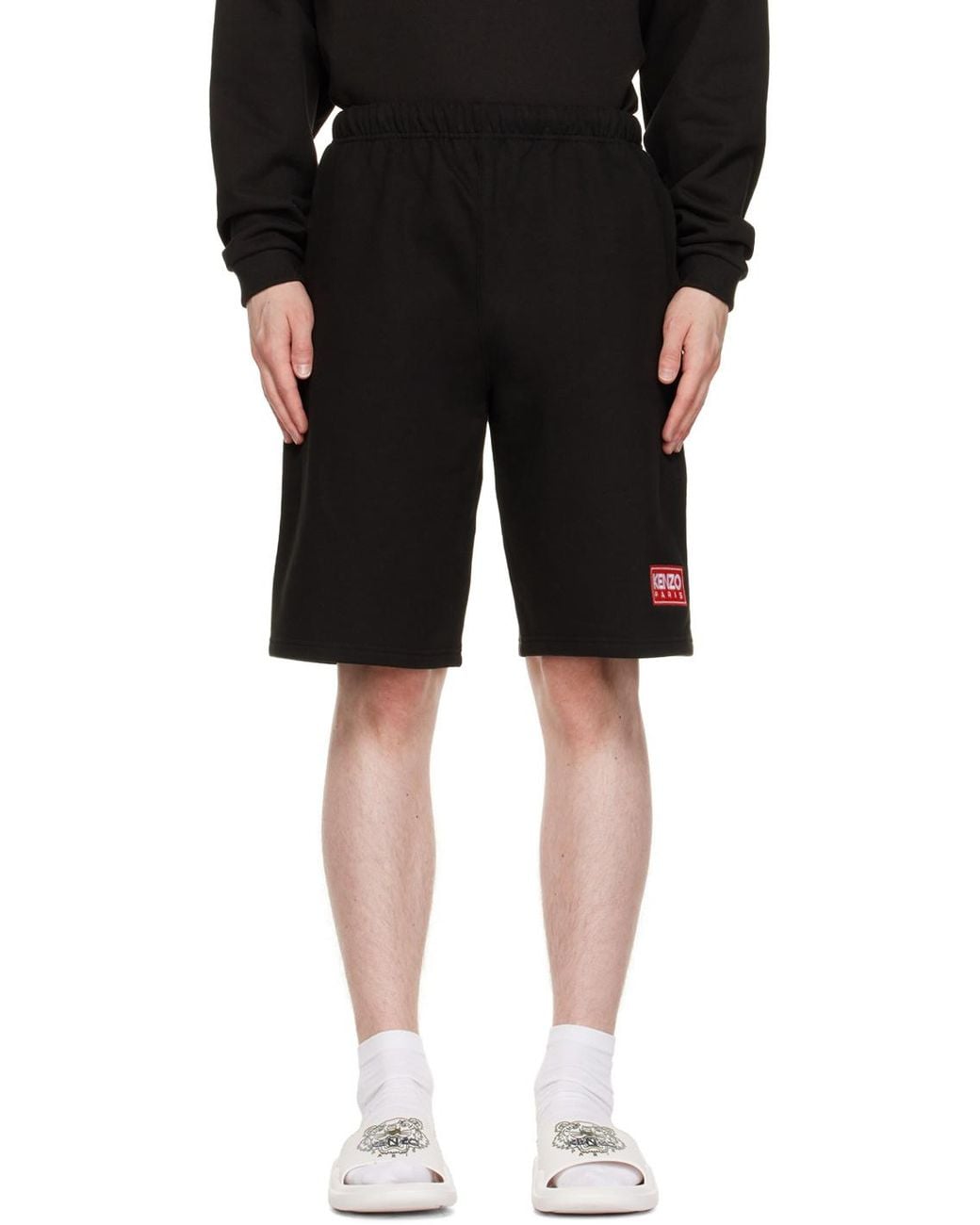 KENZO Black Logo-Patch Mid-Rise Shorts for men