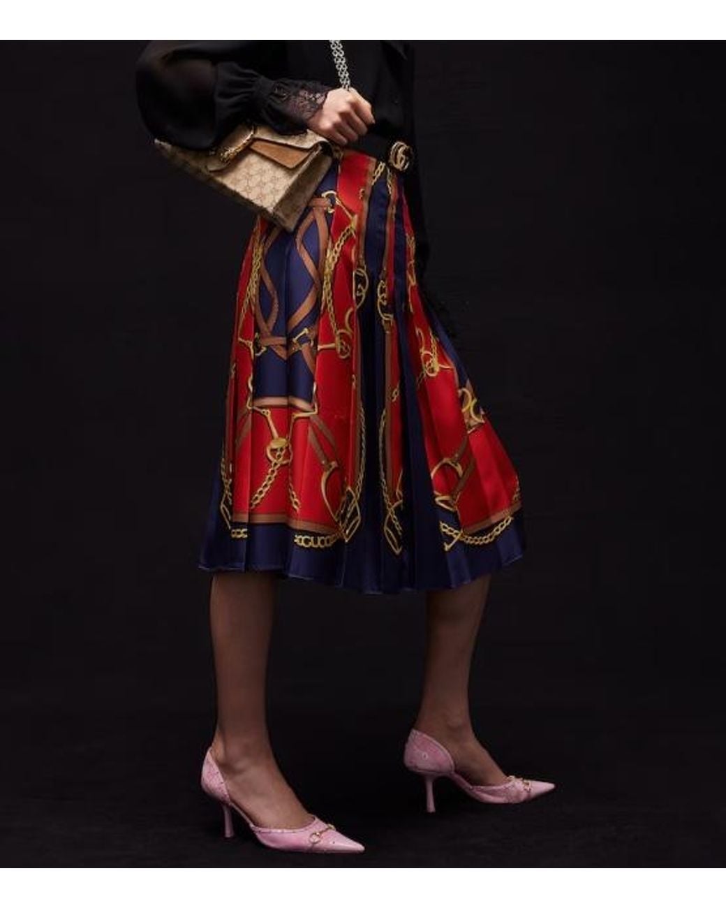 Gucci Red Printed Silk Twill Midi Skirt