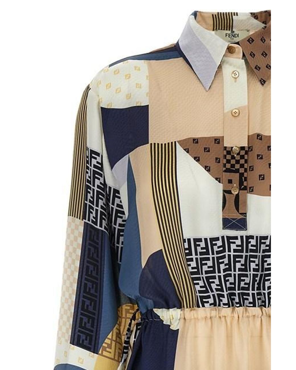 Fendi Blue Patchwork Printed Drawstring-Waist Midi Dress