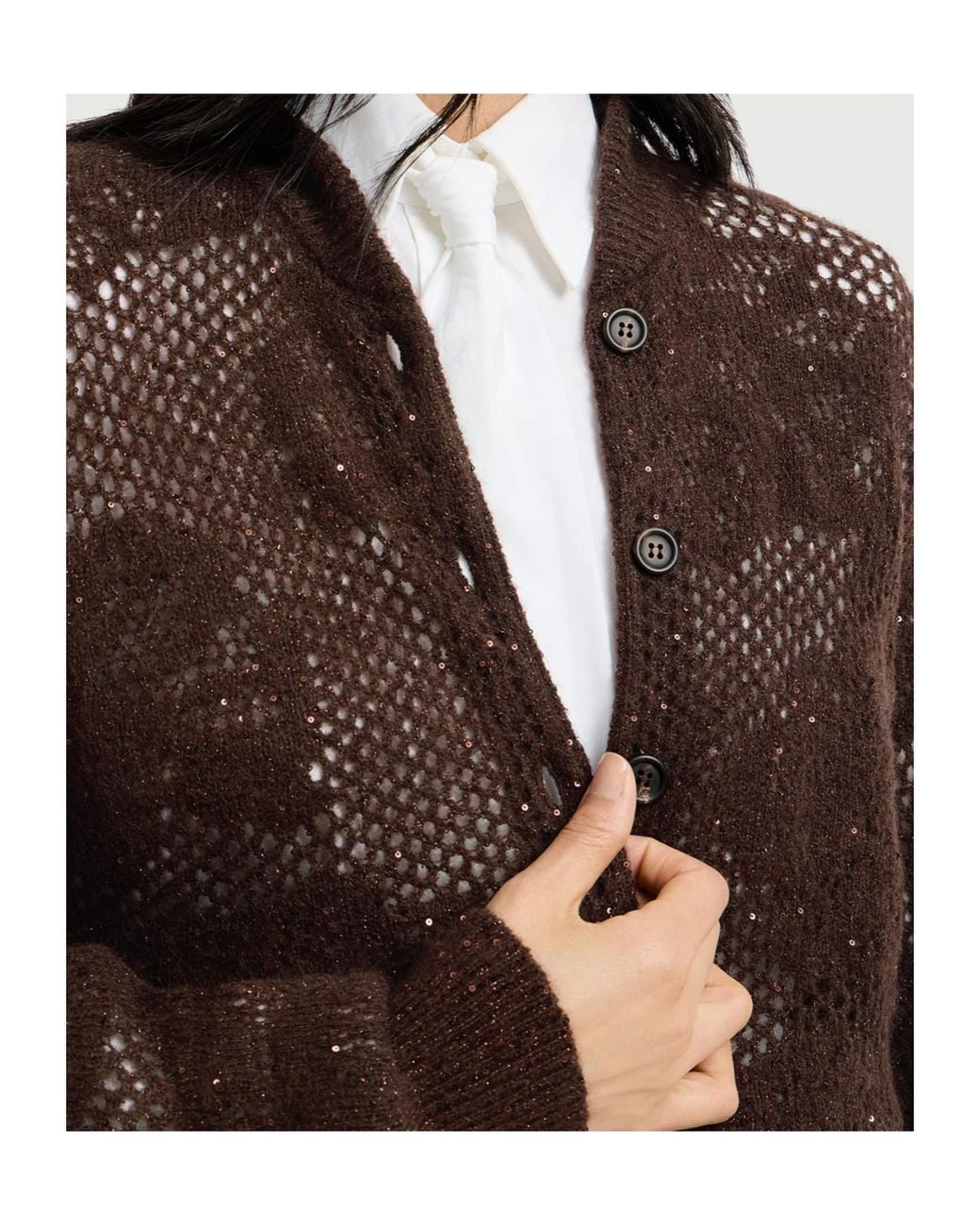 Brunello Cucinelli Brown Lace Flowers Cardigan