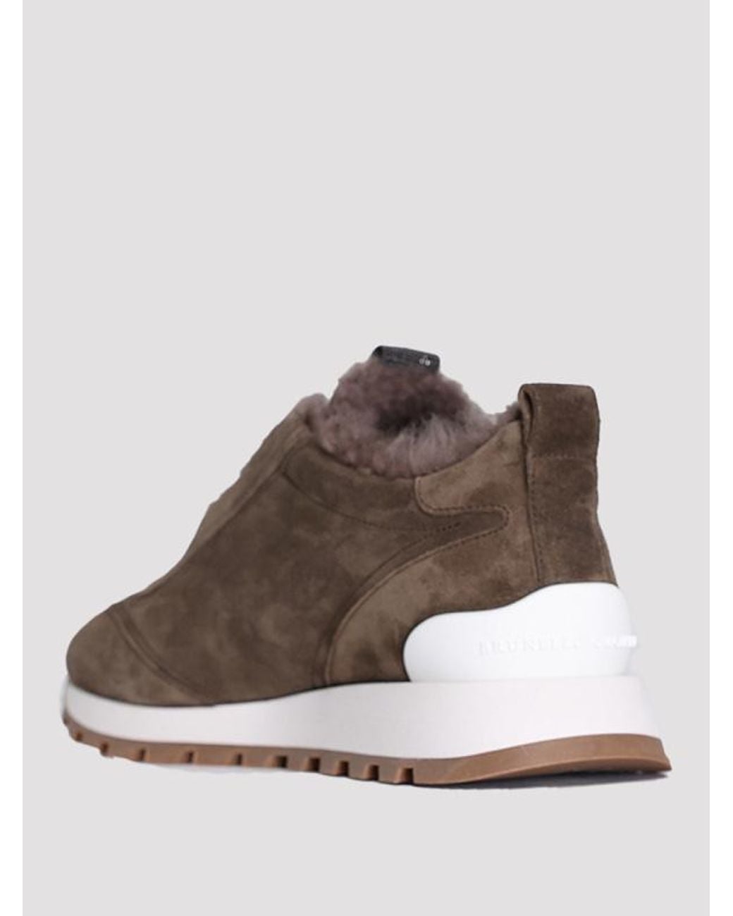 Brunello Cucinelli Brown Suede Runners With Shearling Lining And Precious Detail