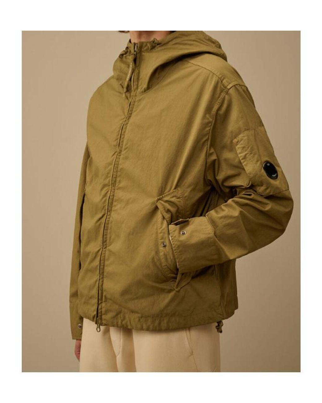 C P Company Green Twill Vest-Lined Hooded Jacket for men