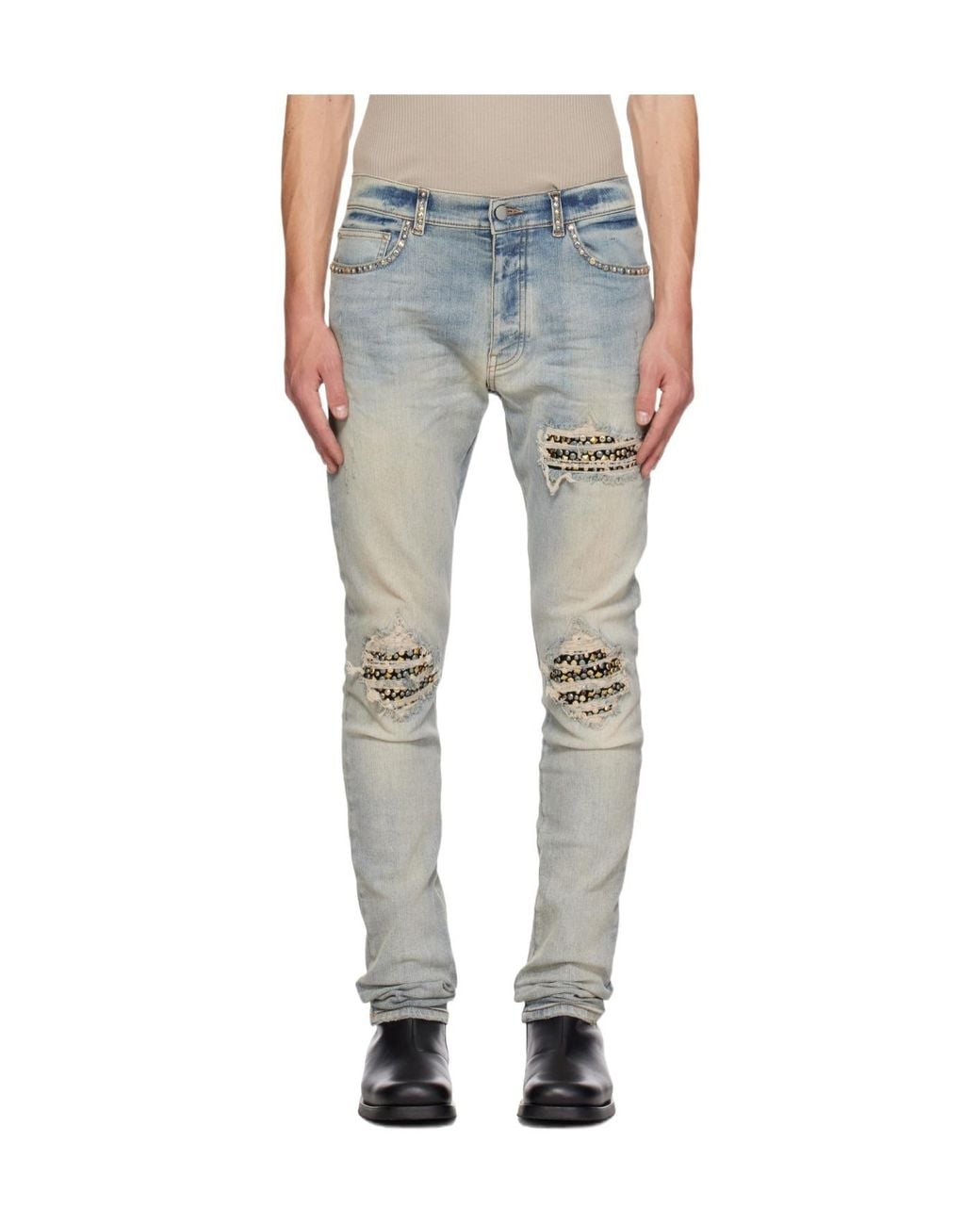 Amiri Blue Stud-Embellished Distressed Jeans for men