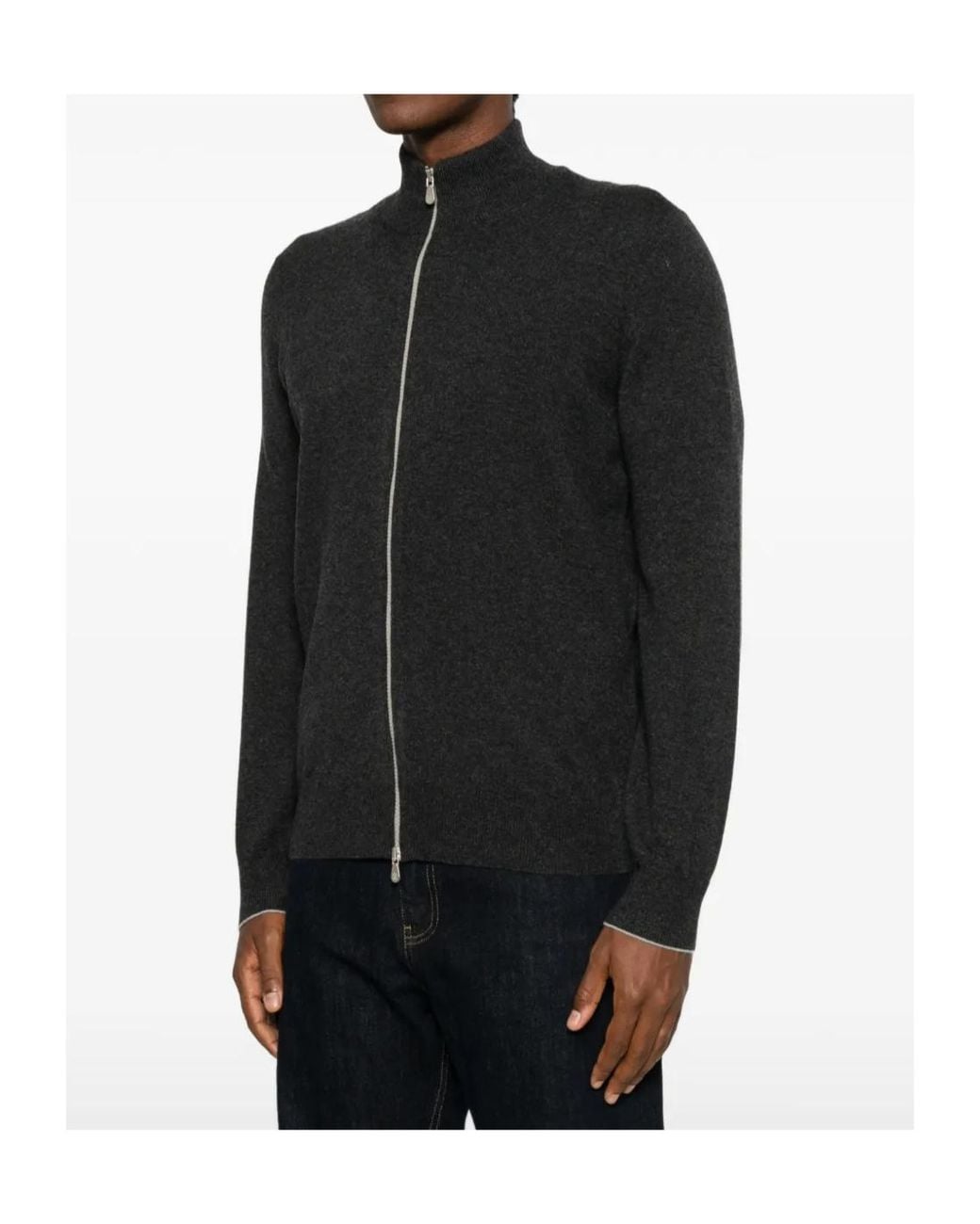 Brunello Cucinelli Black Zip-Up High-Neck Cardigan for men
