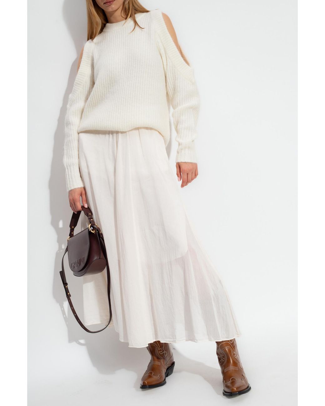 Ganni White Cold-Shoulder Crewneck Jumper