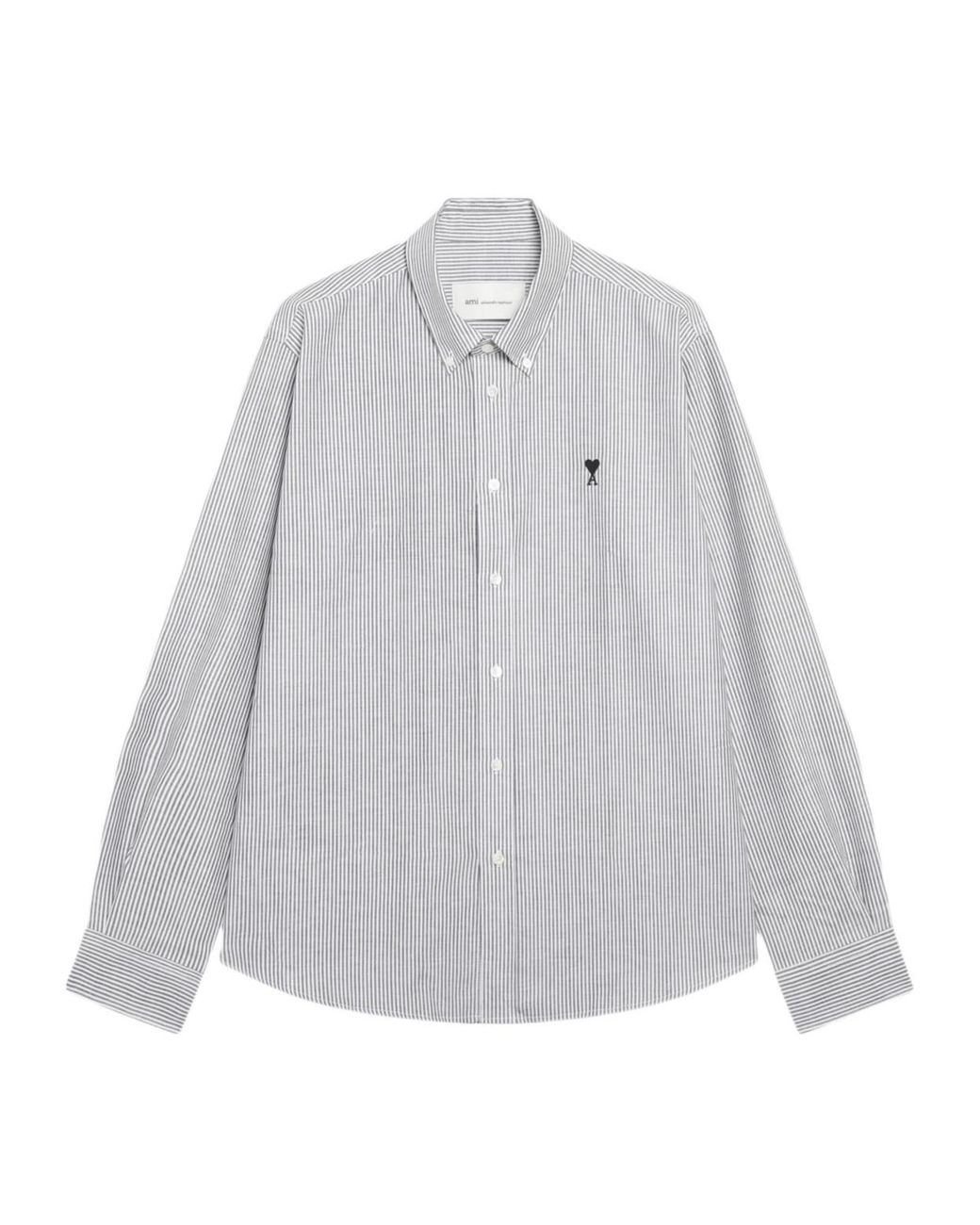 AMI Gray Ami Striped Logo Shirt