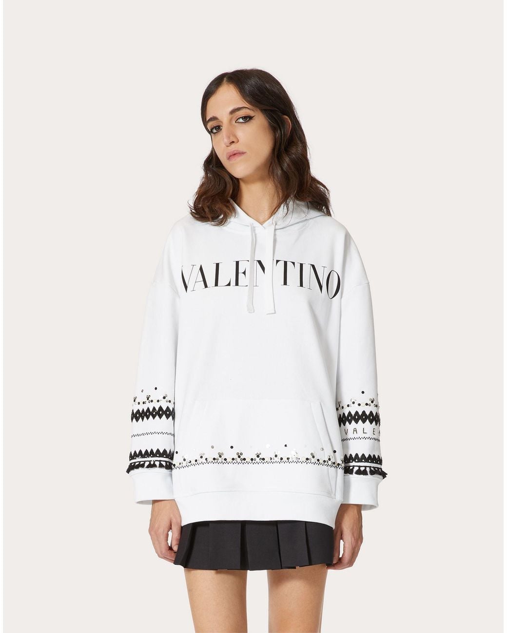 Valentino White Logo-Print Sequinned Hoodie