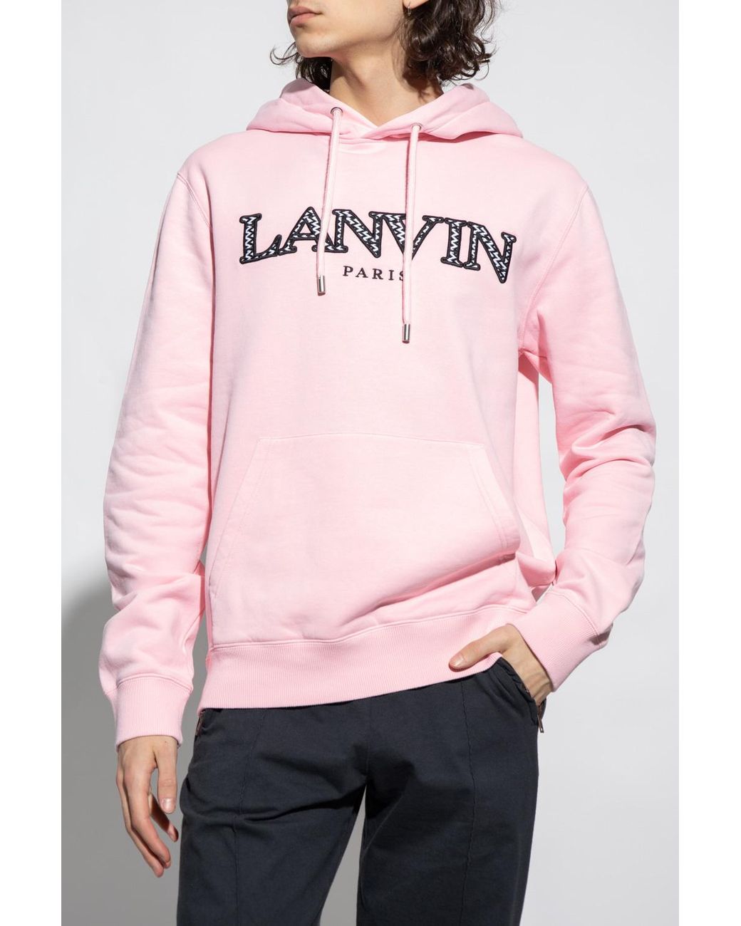 Lanvin Pink Logo Embroidered Drawstring Hoodie for men