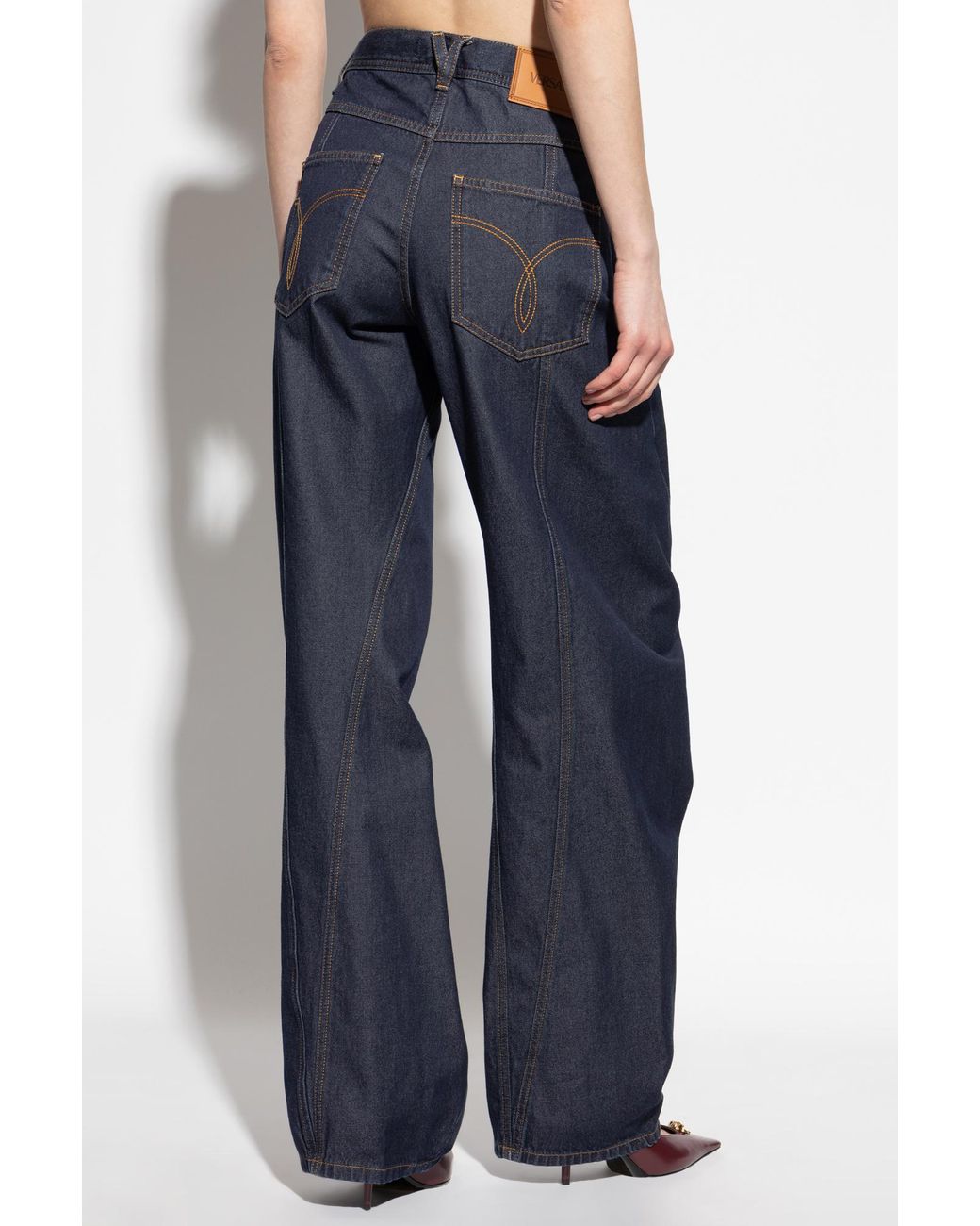 Versace Blue Logo-Patch Wide Leg Jeans
