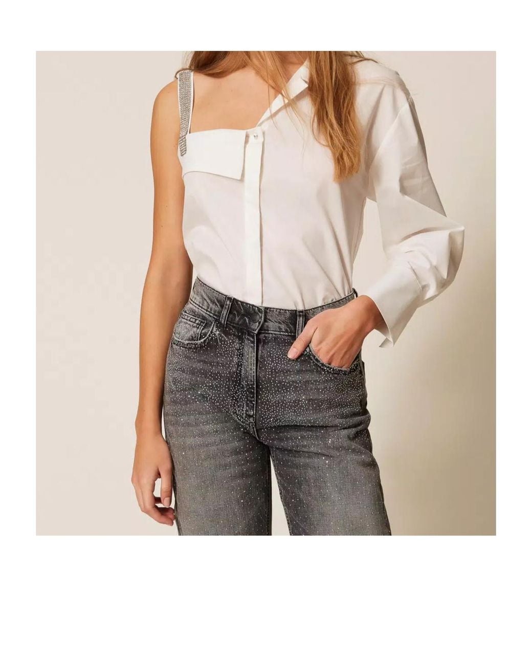 Twinset White One-Shoulder Embellished Shirt