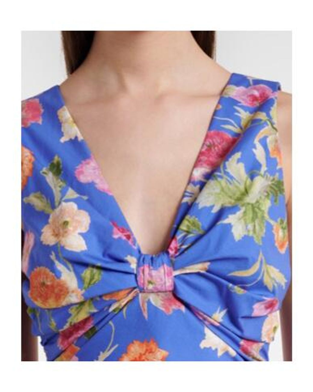Carolina Herrera Blue Floral Gathered Cotton-Blend Midi Dress