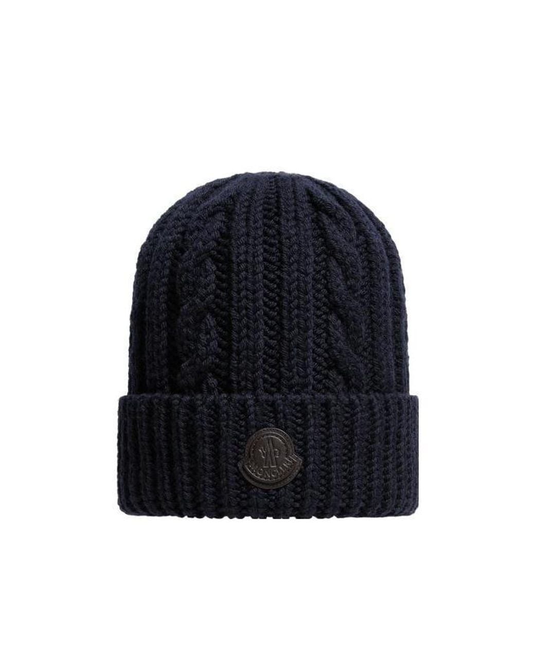 Moncler Blue Leather Logo Wool Beanie for men