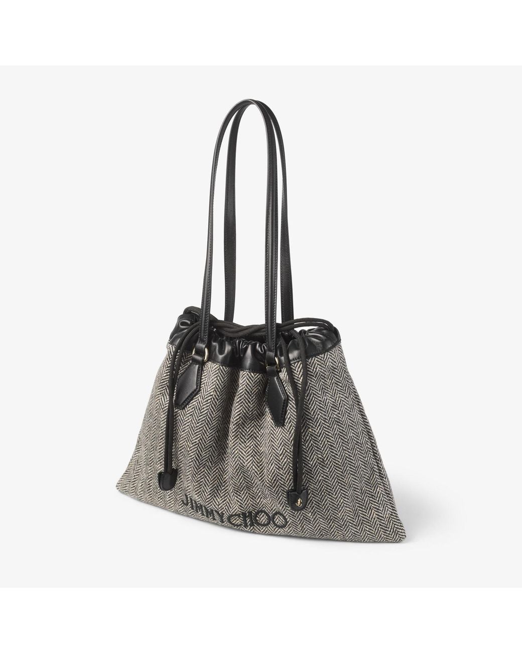 Jimmy Choo Black Blended-Fabric Herringbone Drawstring Shoulder Bag
