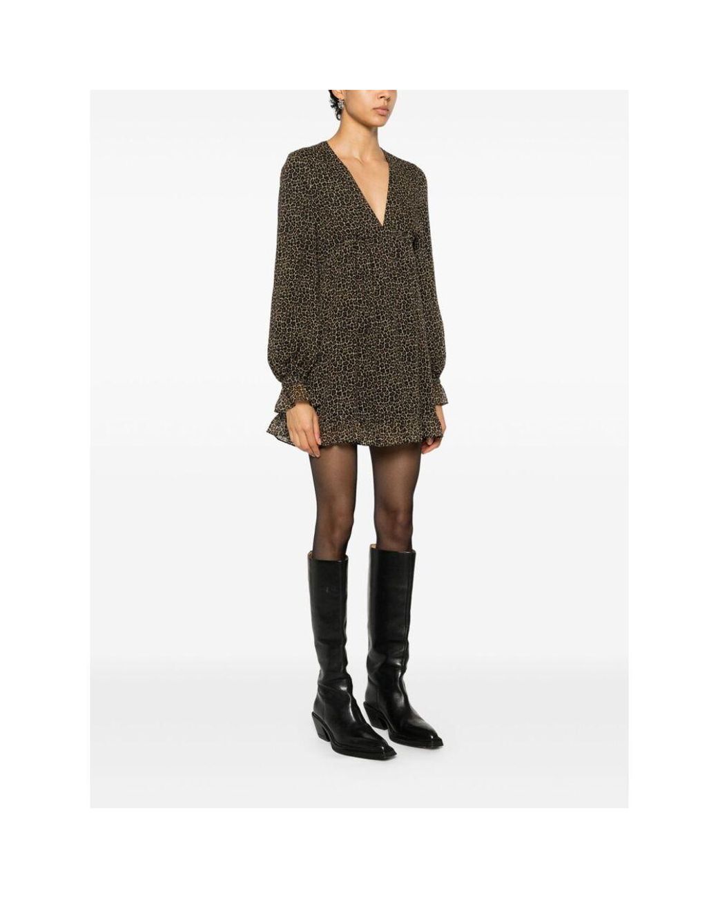 Saint Laurent Black Leopard Printed Long-Sleeved Dress