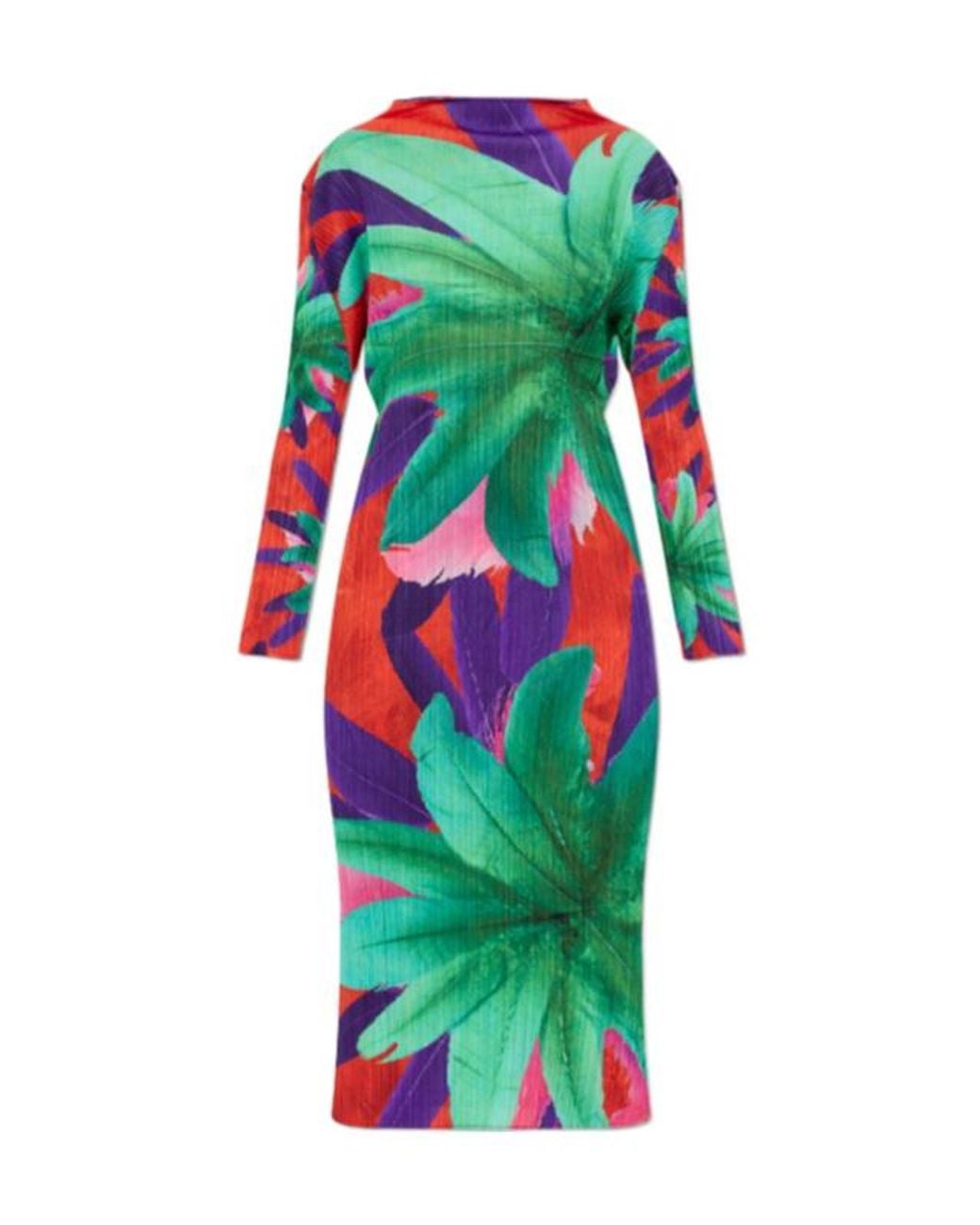 Pleats Please Issey Miyake Green Carnival Floral-Print Pleated Midi Dress
