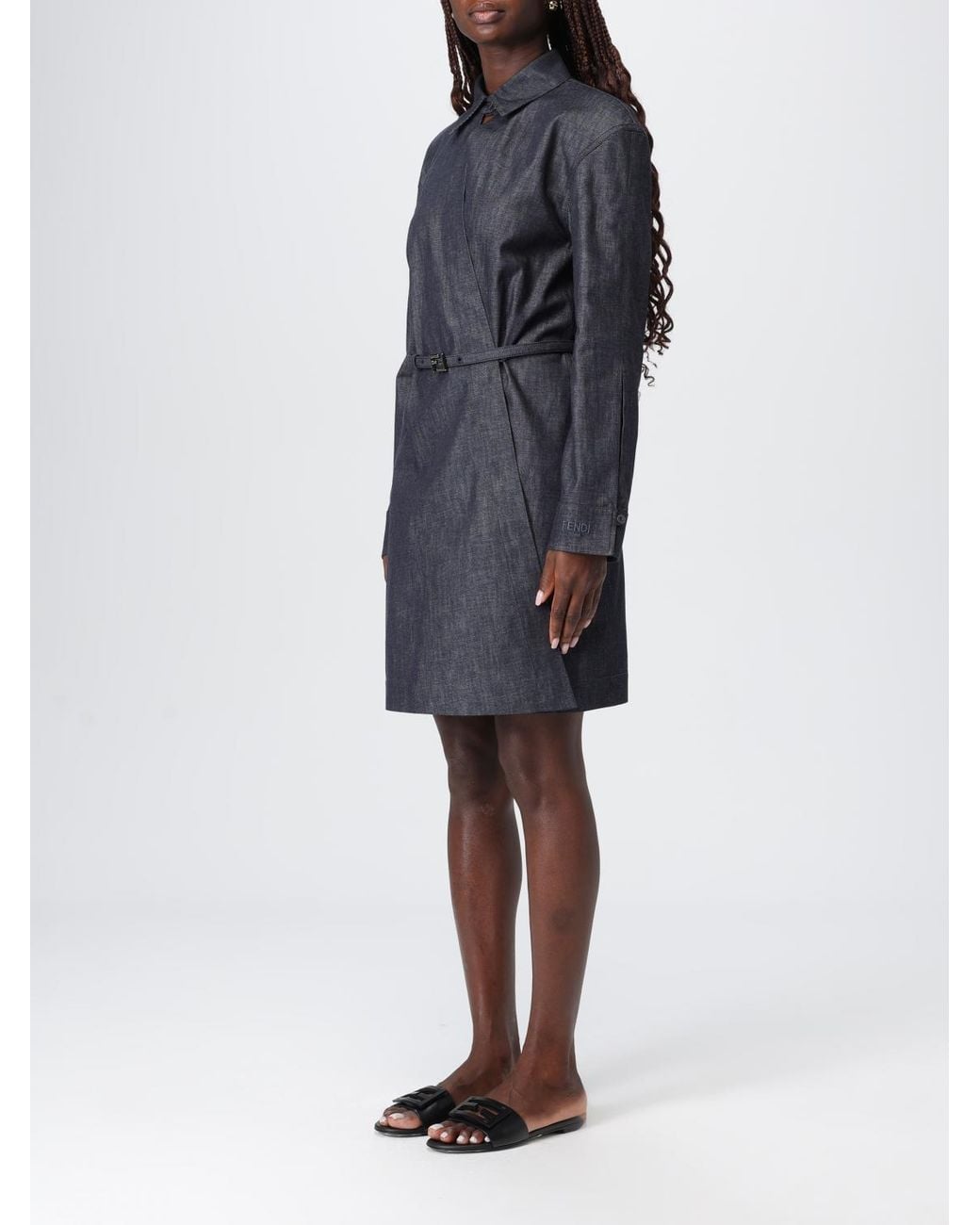 Fendi Blue Asymmetrical Cross-Over Fasten Belted Shirt Dress