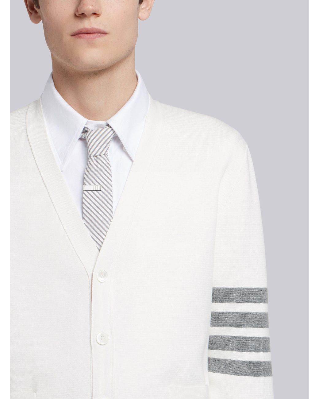 Thom Browne White Bar V-Neck Cardigan for men