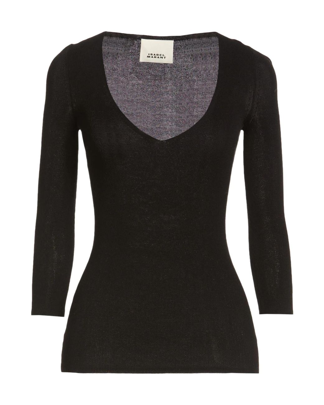 Isabel Marant Black V-Neck 3/4-Sleeve Ribbed Knit Top