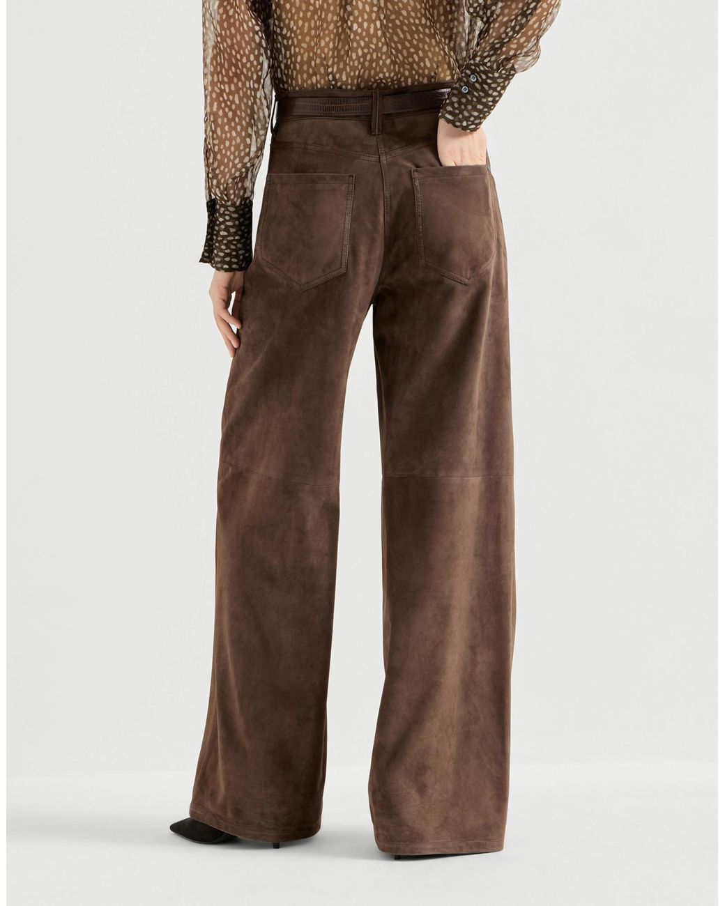 Brunello Cucinelli Brown Suede Baggy Trousers With Monili
