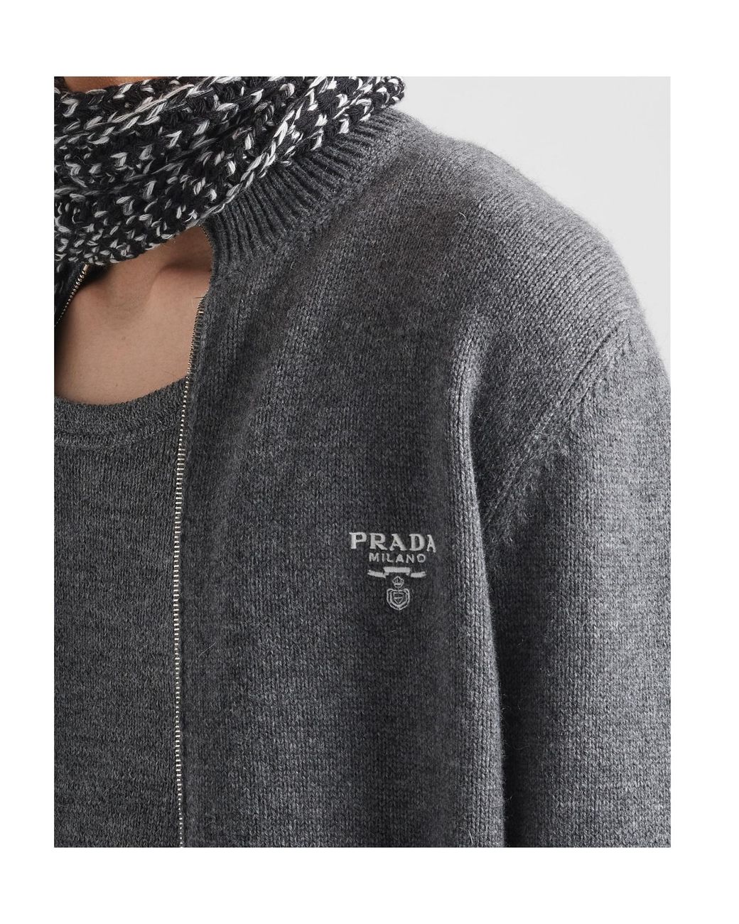 Prada Gray Logo Embroidered Full-Zipped Knit Cardigan for men