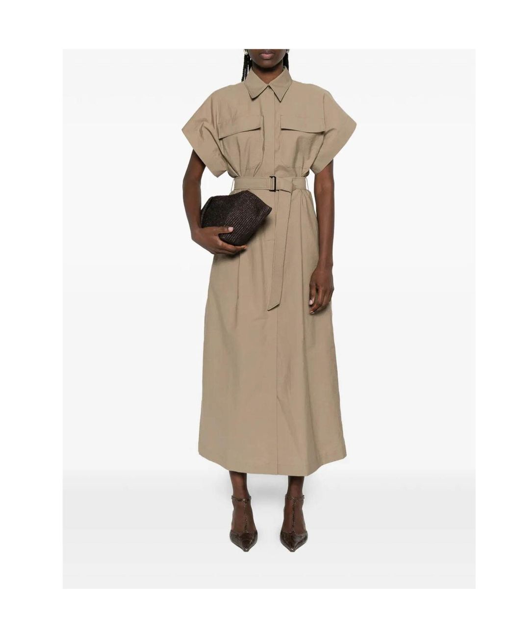 Brunello Cucinelli Natural Short Sleeve Belted Dress